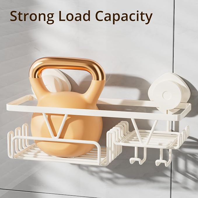 KEGII Shower Caddy Suction Cup with Soap Holder and Hooks, Removable Suction Bathroom Organizer Shelf, No Drilling Shower Organizer, Stainless Steel Shampoo Holder for Bathroom Storage, Cream White