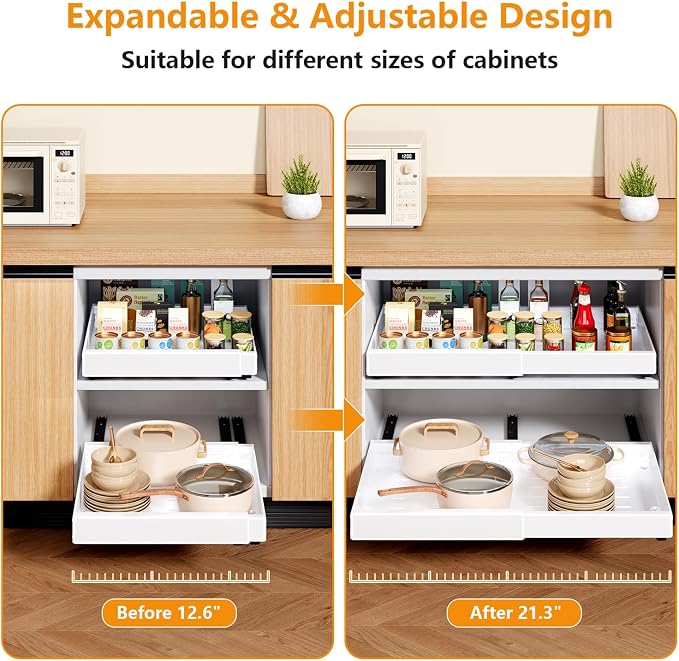 Pull Out Cabinet Organizer 21" Deep 2 Pack Heavy Duty Expandable(12.6"-21.3") Pull Out Drawers for Cabinets with Adhesive Adjustable Slide Out Drawers Roll Out Shelves for Kitchen Pantry Bathroom