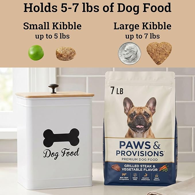 Dog Food Container Airtight 5-7 lb (25 Cup) Capacity - Cute Airtight Dog Food Storage Container with Bamboo Lid & Sturdy Metal Handle - White Metal Kibble Storage Bin for Dogs up to 50 lbs - Pet Jar