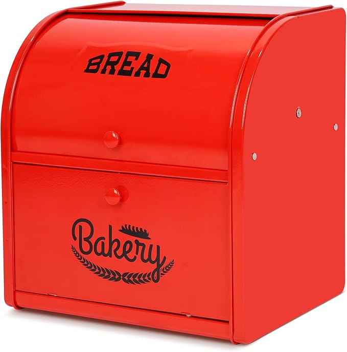 Widousy 2 Layer Metal Bread Boxes, Bread Box Storage Bin Kitchen Container with Roll Top Lid Iron Countertop Containers Metal Food Storage Bread Keeper Large Capacity Home Kitchen Counter（Red）