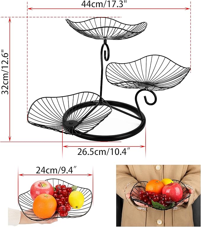 OwnMy 3-Tier Fruit Basket Stand Decorative Iron Fruit Bowl, Black Metal Wire Fruit Holder Trays for for Vegetables Bread Snack, Modern Lotus Fruit Bowls for Kitchen Counter Dining Table