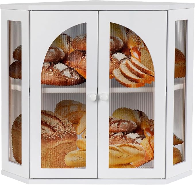 Corner Bread Box for Kitchen Countertop, Double Layer Bamboo Bread Storage Container for Homemade Bread, Large Capacity Bread Holder with 3 Adjustable Height for Counter, White