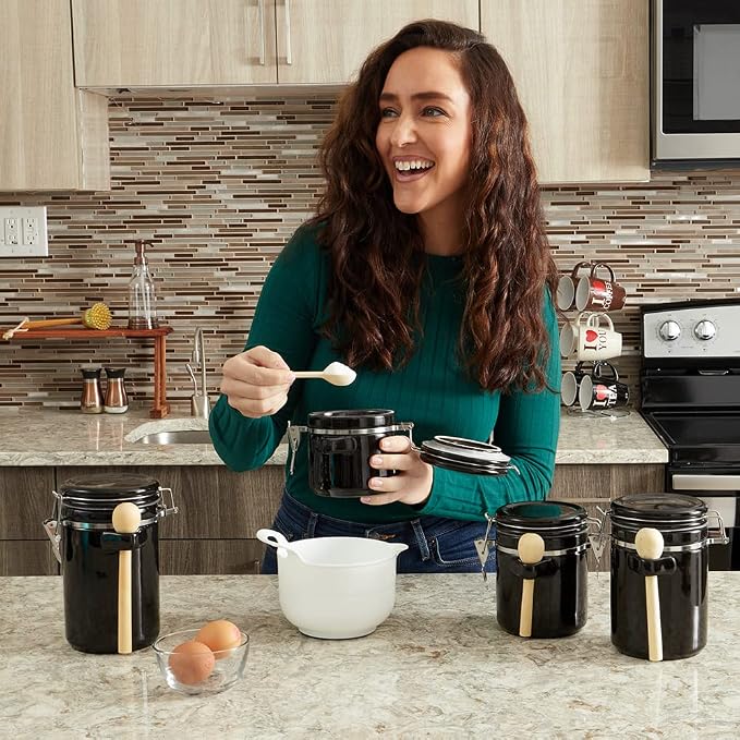 Canister Sets For The Kitchen (4 Piece Set) Black, High Gloss Ceramic By Home Basics Decorative Kitchen Set With Wooden Spoons, Countertop Set For Flour, Sugar, Coffee, and Snacks