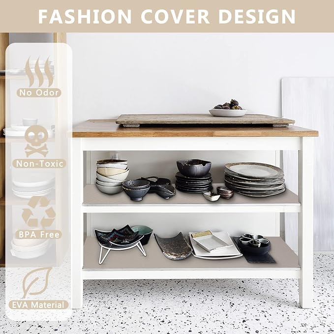 WochiTV Shelf Liner for Cabinets, Drawer 17.5 Inch x 10 Feet, Non Stick EVA Plastic Water Resistant Mat for Kitchen, Bathroom, RV Drawers and Under Sink, Shoe Shelves, Khaki