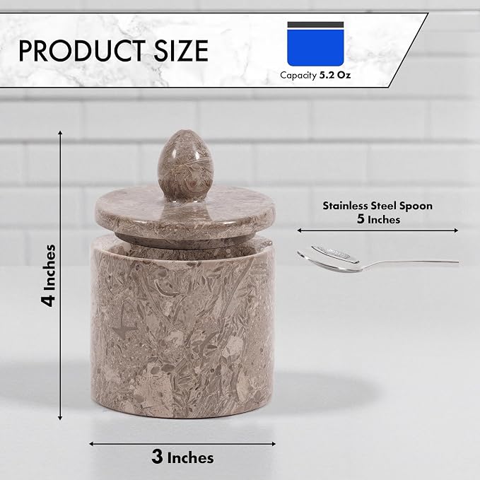 Marble Salt Cellar with Lid – Oceanic 4 Inch Table Salt Container, Salt Jar, Salt Dish, Salt Holder, Spice Jar, Sugar Bowl, Seasoning Container, Salt Dispenser for Kitchen Countertop