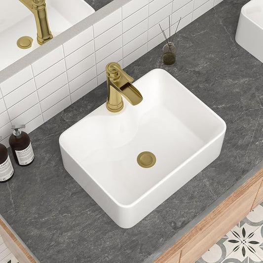 Mocoloo 16 Inch Rectangle Vessel Bathroom Sink with Faucet Hole 16"x12" White Ceramic Bathroom Sinks Above Counter Porcelain Hand Basin for Lavatory Room Rectangular Vanity Top Sink