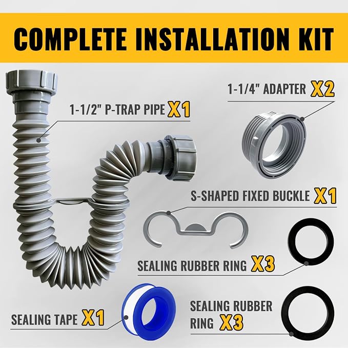 VIVIDA Sink Drain Pipe 1-1/2", Flexible Drain Pipe, 7.5"-17.7" Expandable Flexible P Trap for Bathroom and Kitchen, Under Sink Plumbing, 1-1/4" Adapter Included, Gray, 1 PACK