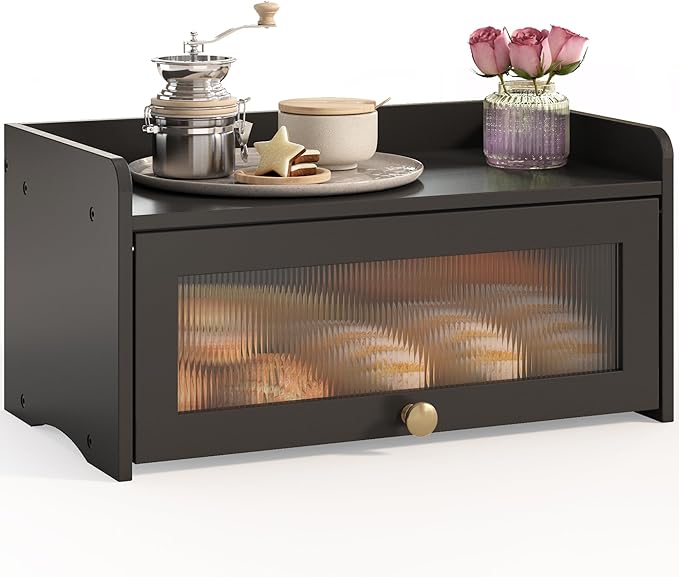 JANSNIMEN Vintage Bread Box for Kitchen Countertop, Bread Container Storage, Wooden Farmhouse Bread Box with Window Bread Holder (Vintage Black)