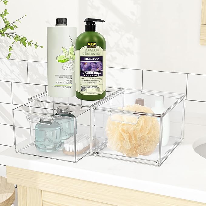 SpaceHacks 2 Pack Stackable Makeup Organizer and Storage, Acrylic Organizers，Clear Plastic Storage Drawer with Handles for Vanity, Undersink, Kitchen Cabinets, Pantry