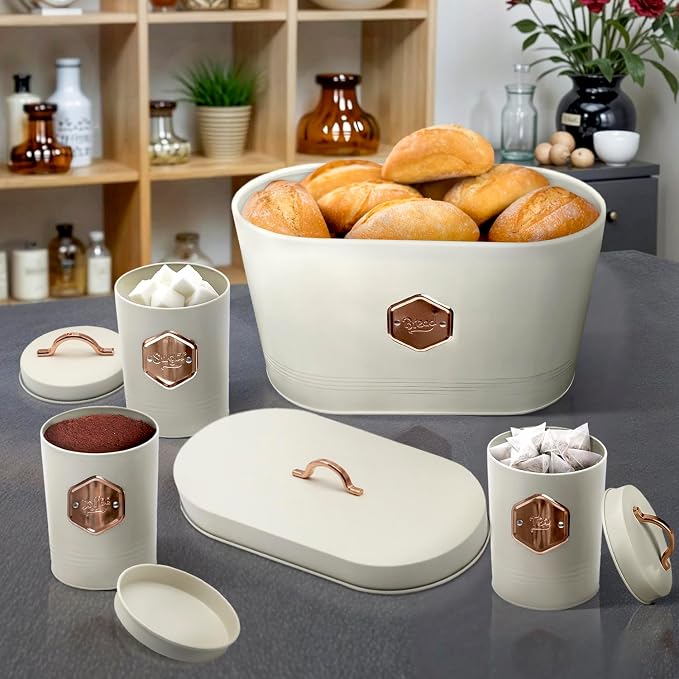 Bread Box for Kitchen Countertop with Coffee Sugar Tea Storage Containers, Bread Box and Canisters Set for the Kitchen with Lid, Beige