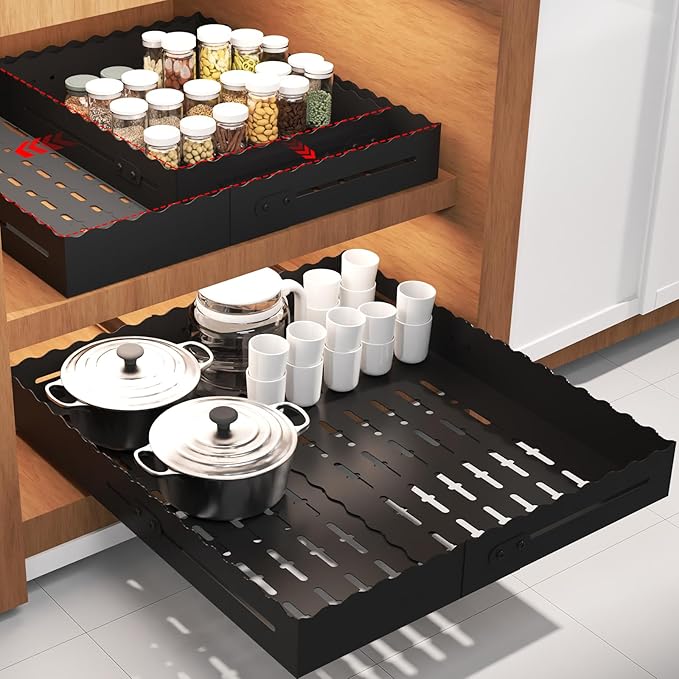 Pull Out Cabinet Organizer, Expandable Width (12"-18") Depth (13"-23") with 3-Slide Rails, No Drill Adhesive Pull Out Drawers for Kitchen and Pantry Cabinets, for Both Lip and Lip-Free Cabinets,Black