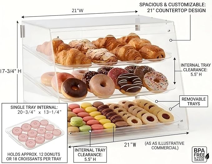 YBSVO 3-Tier Commercial Bakery Display Case, 21-Inch Clear Acrylic Countertop Pastry Showcase with Removable Trays, Food-Grade Dessert Cabinet with Magnetic Back Doors for Cafe, Market, Home