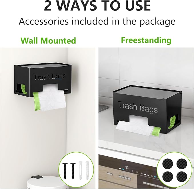 STWWO Trash Bag Holder, Metal Trash Bag Dispenser Roll Holder, Kitchen Trash Bag Organizer for Cabinet, Countertop, Wall Mounted or Freestanding, Black