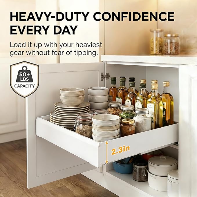 Pull Out Cabinet Organizer, Slide Out Drawers for Kitchen Cabinets, Heavy Duty Cabinet Pull Out Shelves with Adhesive Mount, No-Drill Space Aluminum Rolling Tray for Pantry, Bathroom & Base Cabinets
