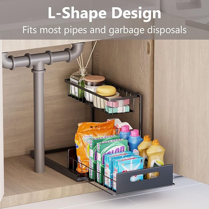 Ceetug Under Sink Organizers and Storage 2 Tier Slide Out Kitchen Cabinet Organizer Sturdy Metal Bathroom Storage (Black, 2 Pack)