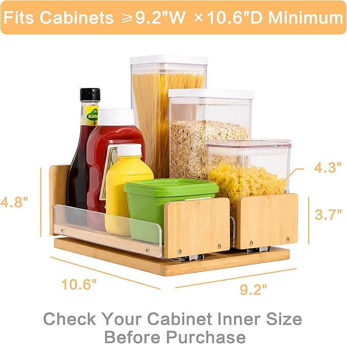 Bamboo Pull Out Spice Rack Organizer for Cabinet, 9"W x 10.6"D x 4.8"H Low Profile Pantry Vertical Organization with 2 Slide Out Drawers(4.3"w), Kitchen Storage for Spice Jars & Pantry Essentials