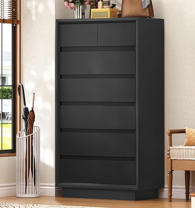TEENFON 51.6" Tall Dresser for Bedroom with 7 Drawers, Black Dresser with Metal Slide, Bedroom Dressers, Wood Dressers & Chests of Drawers for Bedroom, Hallway, Black