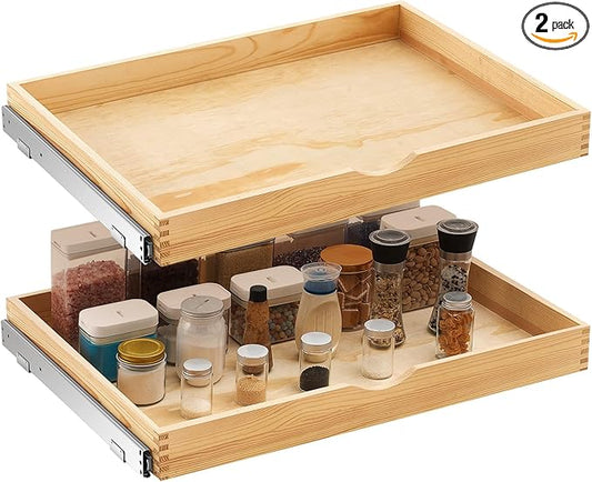 Menkxi 2 Set Wooden Pull out Cabinet Organizer Fully Assembled Slide out Pantry Drawer with Gentle Close Storage Shelf Tray for Base Kitchen Under Sink Bathroom Accessory(Wood Color,30'' X 21'' X 3")