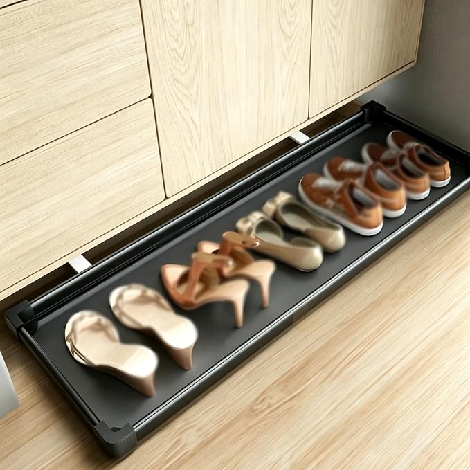 No-Drill Pull Out Drawer Shoe Rack Organizer,Damped Slide Rails Adjustable Width16-34 Inch, Push to Open Toe-Kick Shoe Rack for Cabinet Bottom(Black,26 * 22in)