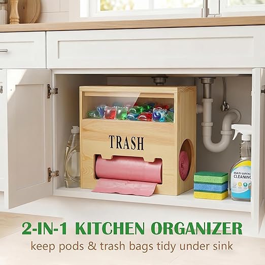 2-in-1 Trash Bag Dispenser & Dishwasher Laundry Pods Container, Large Wooden Trash Bag Holder with Magnetic Flip Lids, Garbage Bag Dispenser for Kitchen Pantry Laundry Room Under Sink Organizer