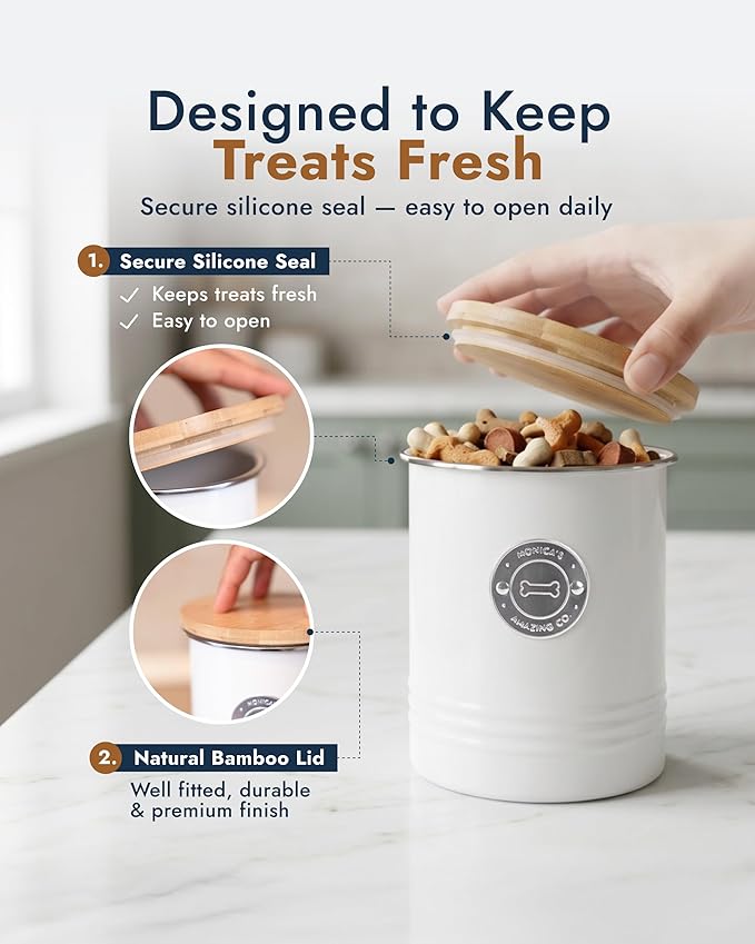 Dog Treat Container Airtight with Bamboo Lid - Premium White Metal Jar for Countertop Storage, 6.4 Cup Capacity, Easy to Open - Decorative Dog Cookie Jar for Kitchen Counter
