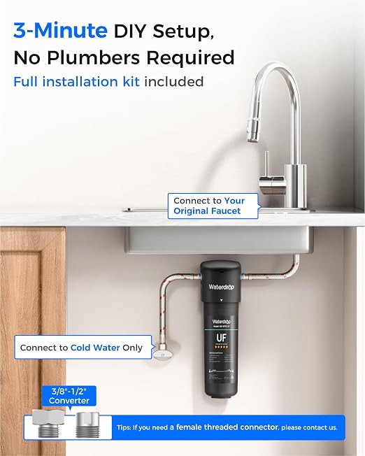 Waterdrop 10UA-UF 0.01 μm Ultra Filtration Under Sink Water Filter System, 1 Year, Reduces Lead, Chlorine, Bad Taste & Odor, Connects Directly to Your Faucet