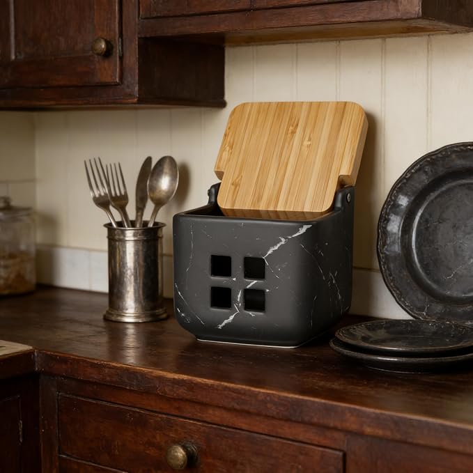 RQYIXI Garlic Container for Counter Ceramic Garlic Keeper Storage Garlic Holder with Lid to Keep Your Garlic Cloves Fresh Longer(Marble Black)