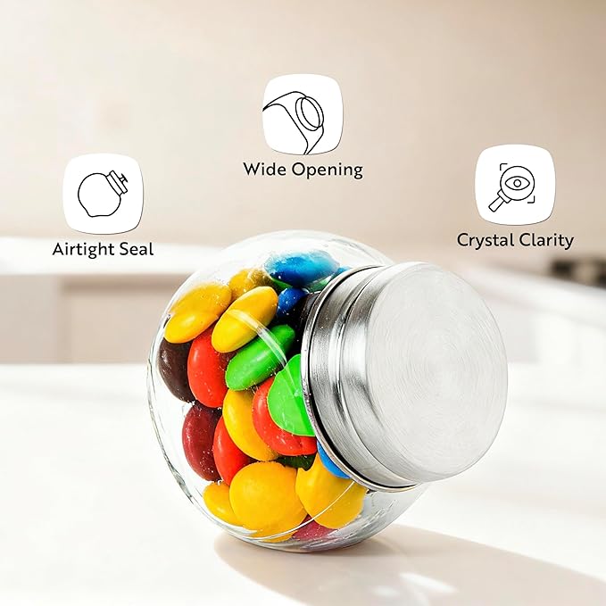 Restaurantware Vetri 2 Ounce Mini Favor Jars, 10 Durable Candy Jars - With Wide Spout, Chrome Lid, Clear Glass Candy Jars, Dishwashable