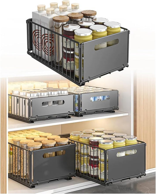 Pull Out Drawers for Cabinets Under Kitchen Sink Storage Organizer No Drill Adjustable Baskets for Cupboard Bathroom(2pcs-Black-10 cm)
