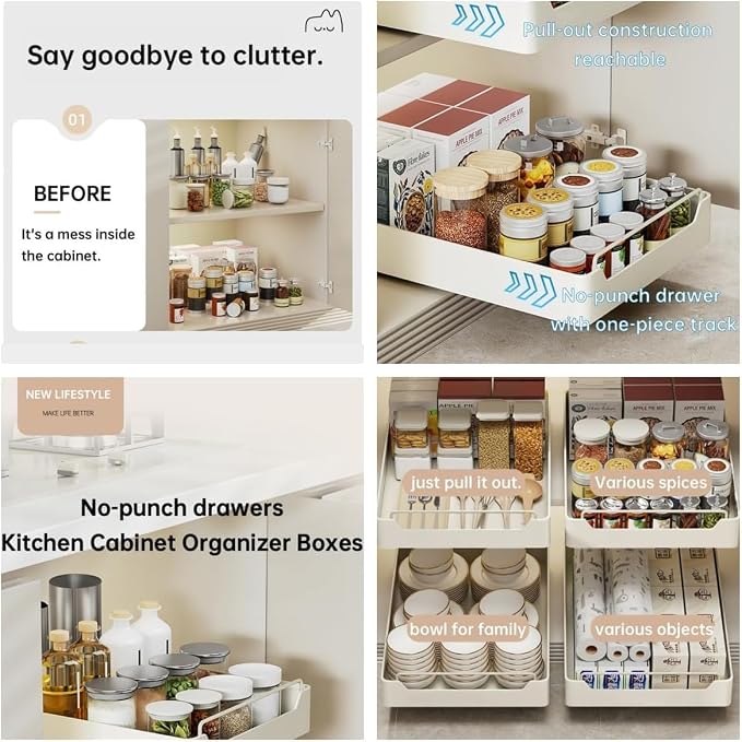25cm Wide Heavy Duty Pull-Out Cabinet Organizer – Soft-Close Slide-Out Drawer, No-Drill Ultra Adhesive, Steel Storage Shelf for Kitchen, Pantry or Bathroom, Noiseless Sliding