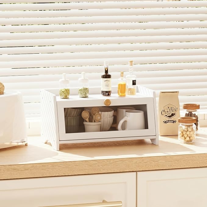 BAMBANG Bread Box for Kitchen Countertop, Bamboo Bread Box for Homemade Bread, Wooden Farmhouse Bread Storage Container, Large Breadbox Bread Bin Organizer for Counter Cabinet Pantry, White