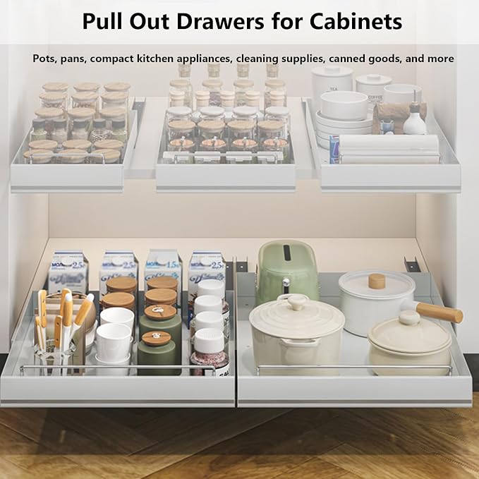 Stainless Steel Pull Out Cabinet Organizer, Pull Out Drawers for Cabinets, Slide Out Drawers for Kitchen Cabinets, Bathroom Cabinet Organizer, Pantry, No Drill,13.8" w*15.7" dx2.36 h