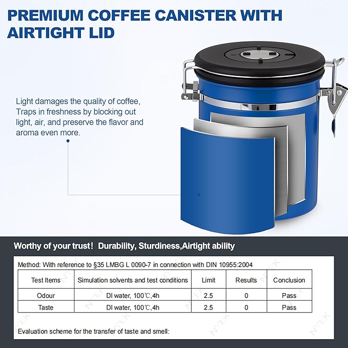 ShanSon Coffee Canister Airtight, Stainless Steel Bean Storage Container with Date Tracker & Scoop, Grounds Sugar Flour Tea Cereal Fits Kitchen Pantry, Ideal Gift for Coffee Lovers,22oz,Blue