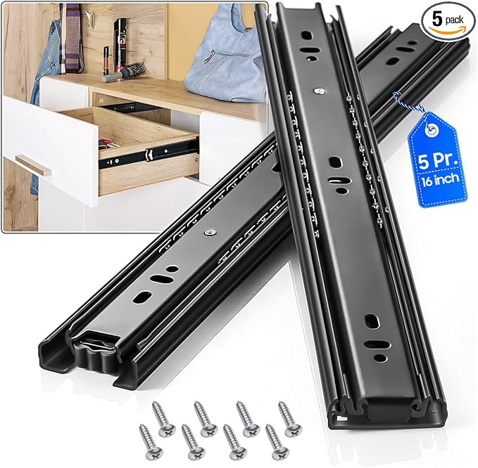 Drawer Slides 1 Pair Full Extension 10 12 14 16 18 20 22 24 inch Side Mount Rails Dresser Cabinet Bracket Replacement Ball Bearing Tracks Guide Metal Runner 100 LB (Basic-1 Pair, 16 Inch)