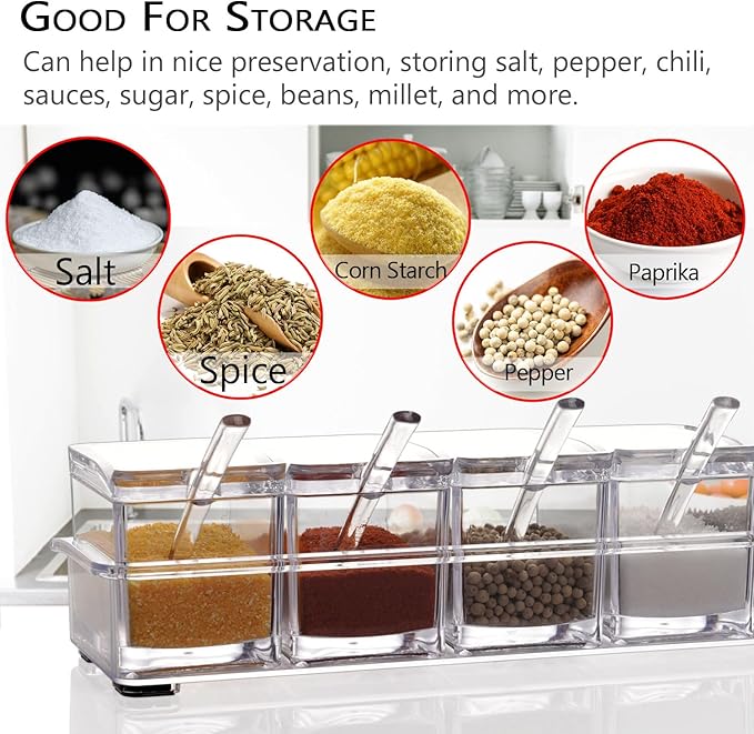 Clear Seasoning Box,V-Resourcing 4 Pieces Clear Seasoning Storage Container for Spice Salt Sugar Cruet,Condiment Jars with Spoons…