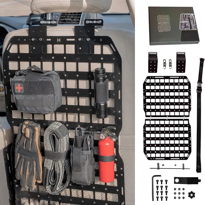 V2 Pro MOLLE Seat Back Panel, 2mm Aluminum Truck Seat Organizer, Anti-Rattle Headrest Mount, MOLLE/PALS Gear Rack for Full-Size Trucks & SUVs, 1 Seat Kit
