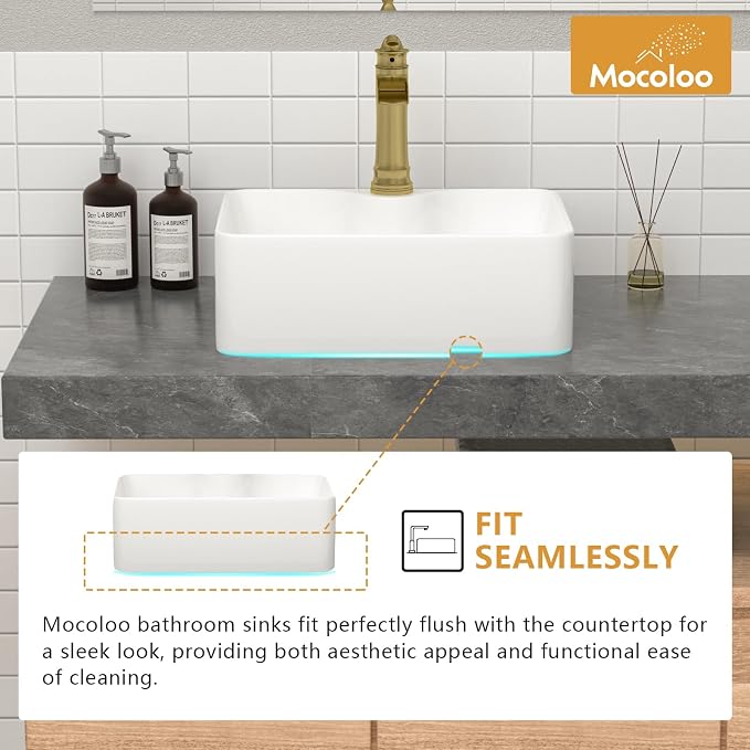 Mocoloo 16 Inch Rectangle Vessel Bathroom Sink with Faucet Hole 16"x12" White Ceramic Bathroom Sinks Above Counter Porcelain Hand Basin for Lavatory Room Rectangular Vanity Top Sink