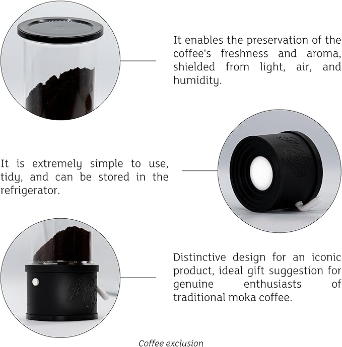 Lavatelli: Pronto Caffè - Black - Coffee Grounds Dispenser for Mocha Pots, Kitchen Jar, Container Preserves Powder Freshness, 1960's Italian Style