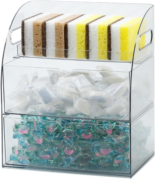 Clear Kitchen and Pantry Organizer with Drawer, Plastic Trash Bags and Dishwasher Pods Dispenser Holder Under Sink, Large Storage Container with Handle for Laundry and Bathroom