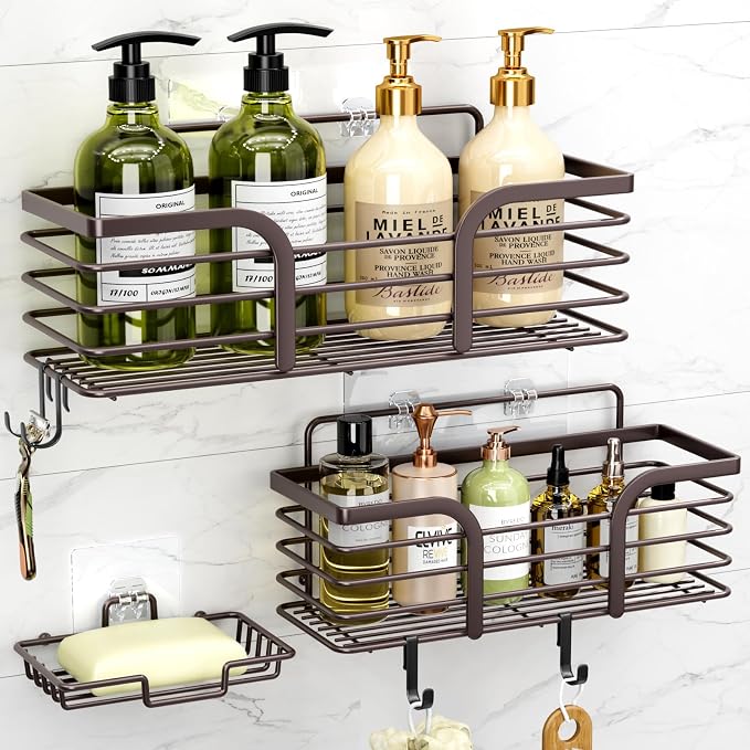 Yougai Shower Caddy, Shower Organizer with Soap Holder and Hooks, Rustproof Shower Shelves, No Drilling Bathroom Organizers and Storage, Wall-Mounted Kitchen & Home Decor (Brown)