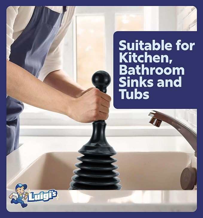 Luigi's Sink Plunger Kitchen - Sink Plunger Bathroom - Drain Bathtub or Shower - Small and Powerful Clog Remover - Commercial Style "Plumbers Plungers" with Large Bellows - Black - Small