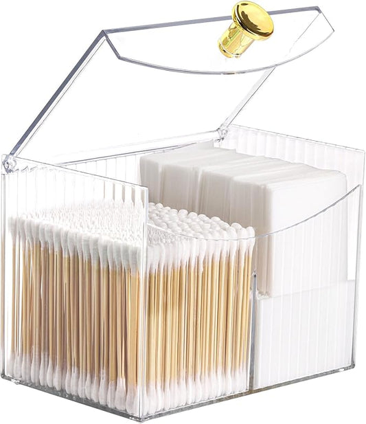 Tbestmax Qtip Holder Dispenser 2-Section Clear Bathroom Organizer 2 Grids Cotton Swab/Pad/Ball Holder Container Cosmetics Storage for Vanity