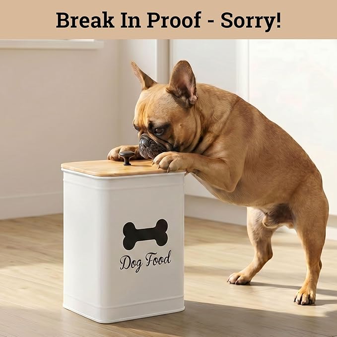 Dog Food Container Airtight 5-7 lb (25 Cup) Capacity - Cute Airtight Dog Food Storage Container with Bamboo Lid & Sturdy Metal Handle - White Metal Kibble Storage Bin for Dogs up to 50 lbs - Pet Jar
