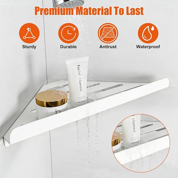 Fikoksol Shower Caddy, 2 Pack Bathroom Corner Shelf, Triangle Shelf Storage for Bathroom Shower, White Metal Shower Shelf & Rustproof Wall Mounted Adhesive Glue Organizer Accessories and Essentials