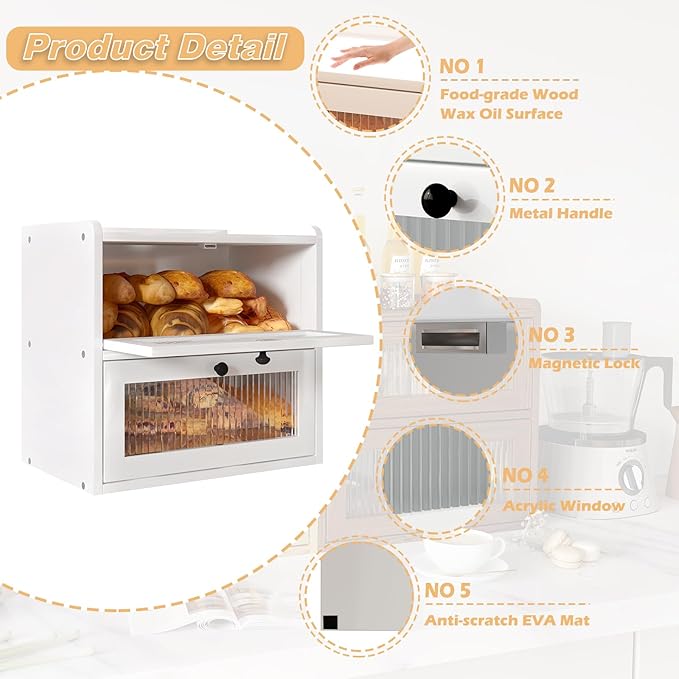 Alpeir Double Layer Large Bread Box for Kitchen Countertop, White | Ventilation Hole, Longer Fresh, Natural Wood, Fit Homemade Bread & Baked, Extra Top Storage, Acrylic Window, Modern Style