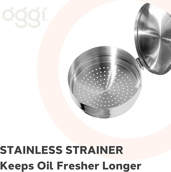 OGGI Stainless Steel Grease Container with Handle, Removable Strainer and Flip Top Lid. Perfect container for fryer oil, bacon drippings, lard and ghee oil. Can capacity - 0.25 Gall / 1 Qt / 0.95 Lt