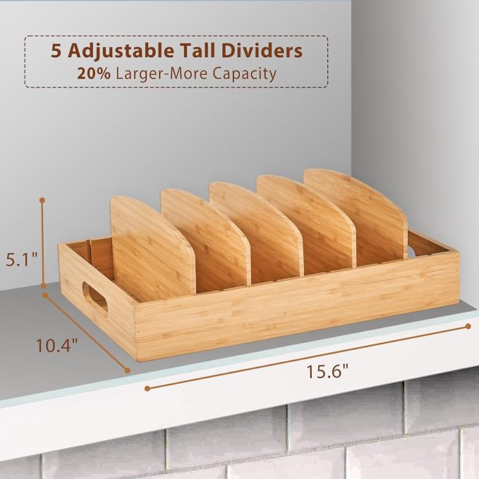 Umilife Extra Large Kitchen Cabinet & Drawer Organizer, Bamboo Lid Holder with 5 Tall Adjustable Dividers, Pantry Organization and Storage for Food Container Lid