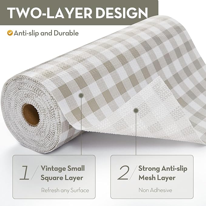 Drawer and Shelf Liner, Non-Slip Kitchen Cabinet Liners Non-Adhesive Thick Strong Grip Waterproof Washable Mats Protect Dresser Shelves Cupboard Bathroom Cabinets, Green Plaid, 12 in X 30 FT