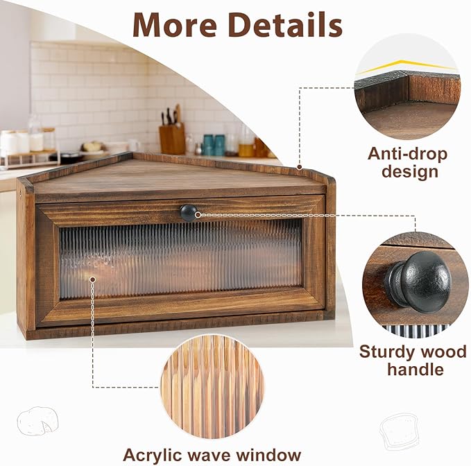 Sunhoo Bread Box for Kitchen Countertop Wooden Corner Breadbox Counter Food Storage Bin Container Farmhouse Rustic Homemade Bread Fresh Keeper Organizer Holder Vintage Stackable with Window (Brown)