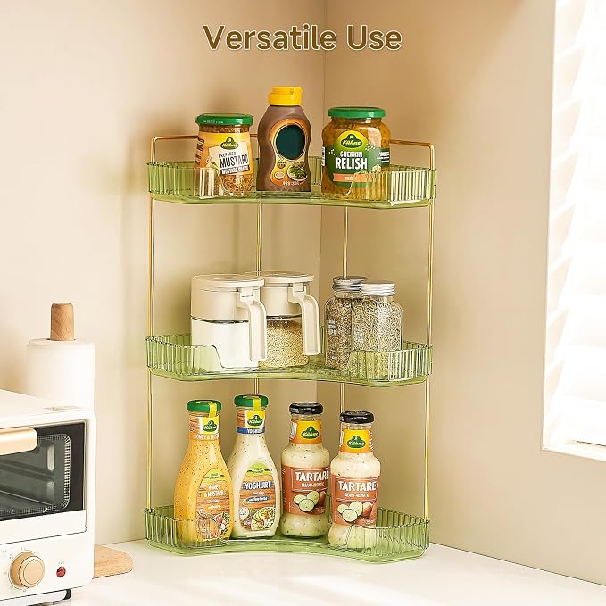 Ceruaxb 3-Tier Corner Bathroom Counter Organizer, Plastic Countertop Makeup Organizer, Large Capacity Vanity Bathroom Perfume Shelf Rack for Kitchen Office Desktop (Green)